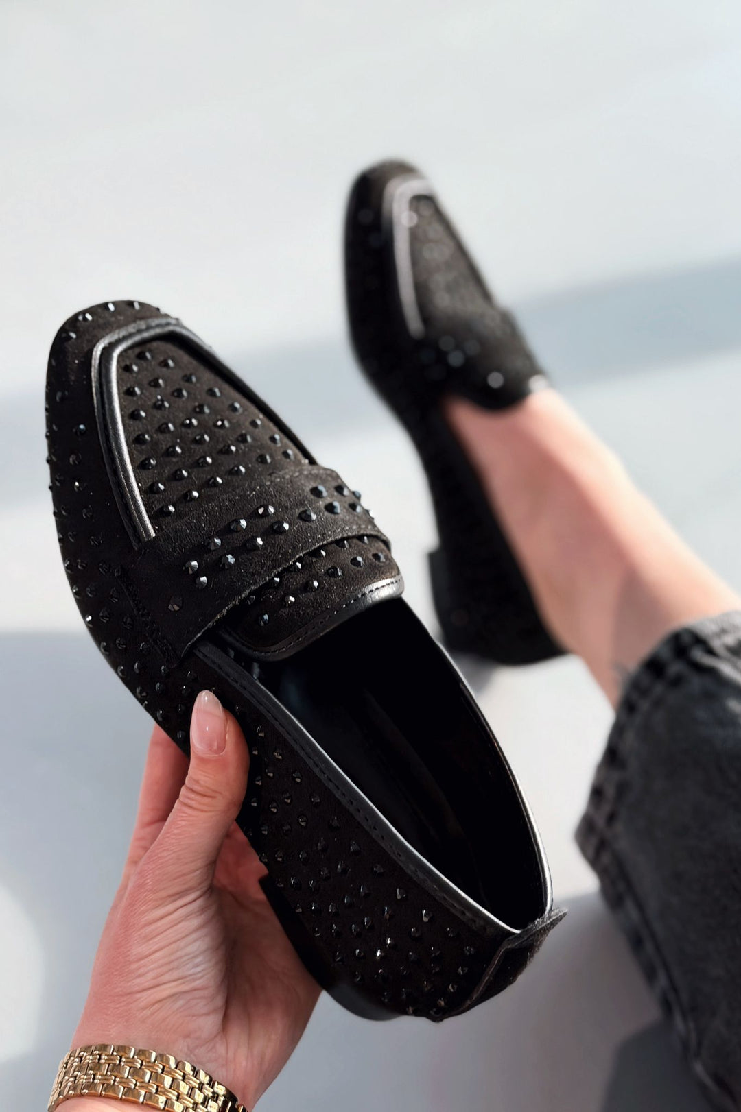Talori Kadın Loafer Siyah Süet Siyah Taşlı - ILOVESHOES