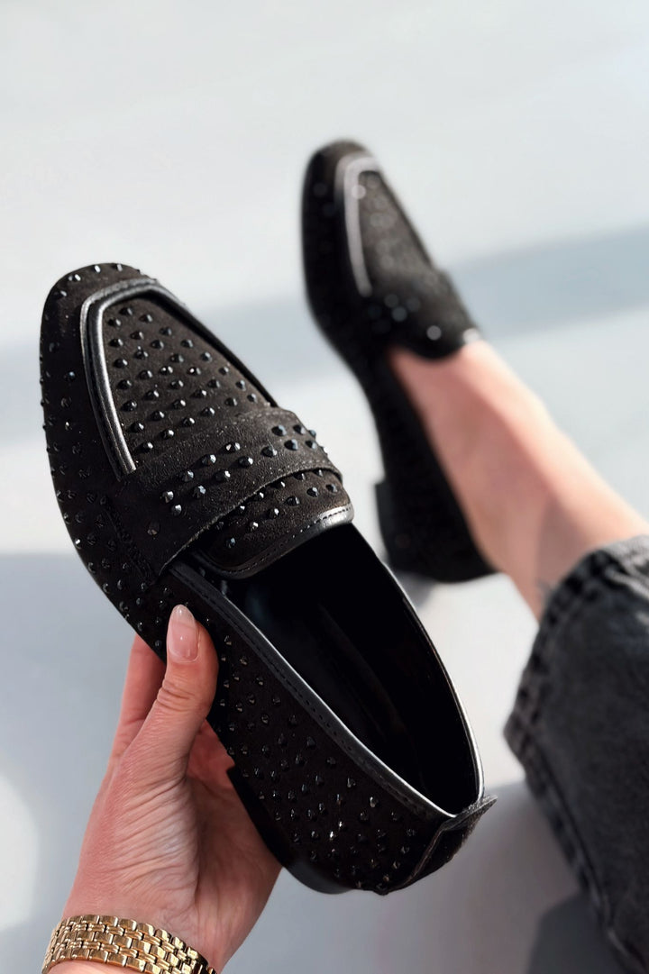 Talori Kadın Loafer Siyah Süet Siyah Taşlı - ILOVESHOES