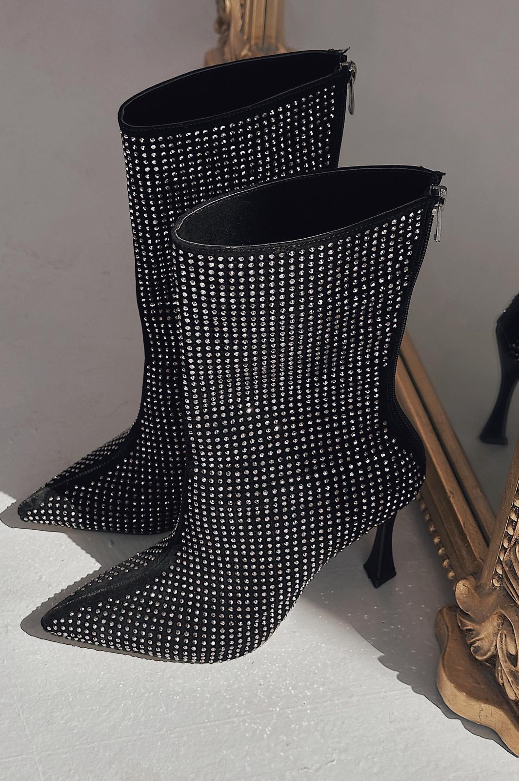 Simley Topuklu Kadın Çizme Siyah Süet Gri Taşlı - ILOVESHOES