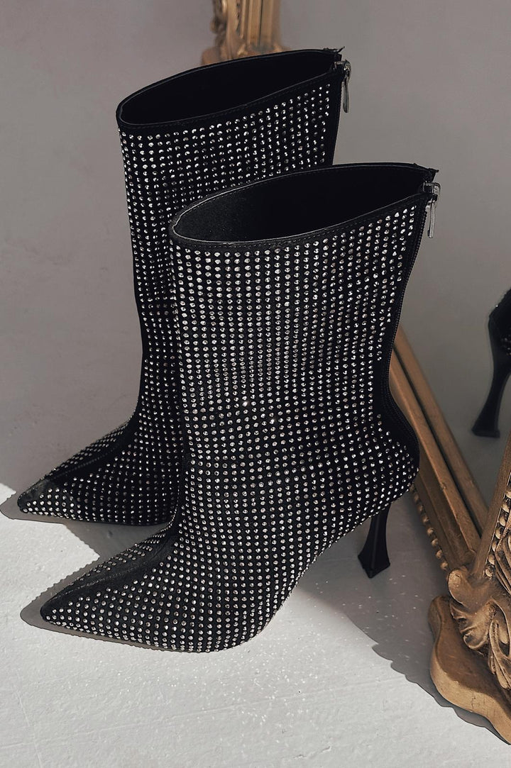 Simley Topuklu Kadın Çizme Siyah Süet Gri Taşlı - ILOVESHOES