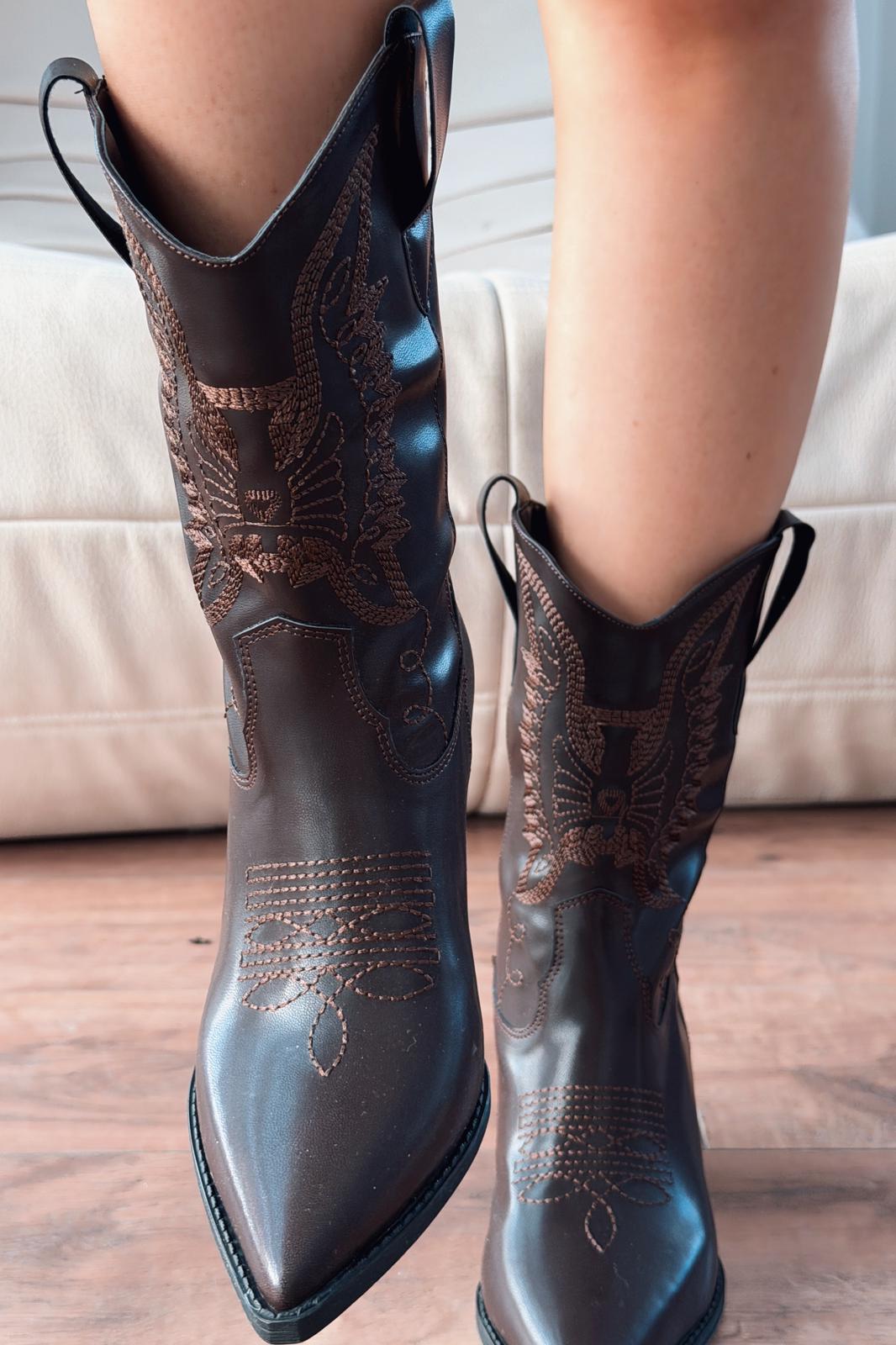 Slaine Kadın Kovboy Bot Acıkahve Mat Deri Nakışlı - ILOVESHOES