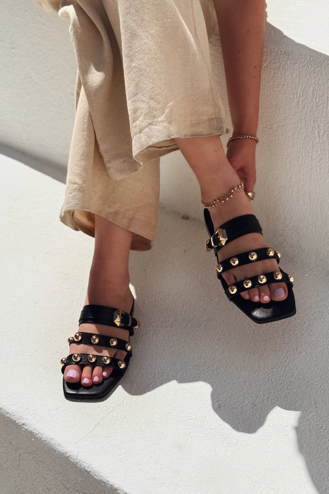 Dawist Mat Deri Siyah Troklu Düz Kadın Terlik - ILOVESHOES