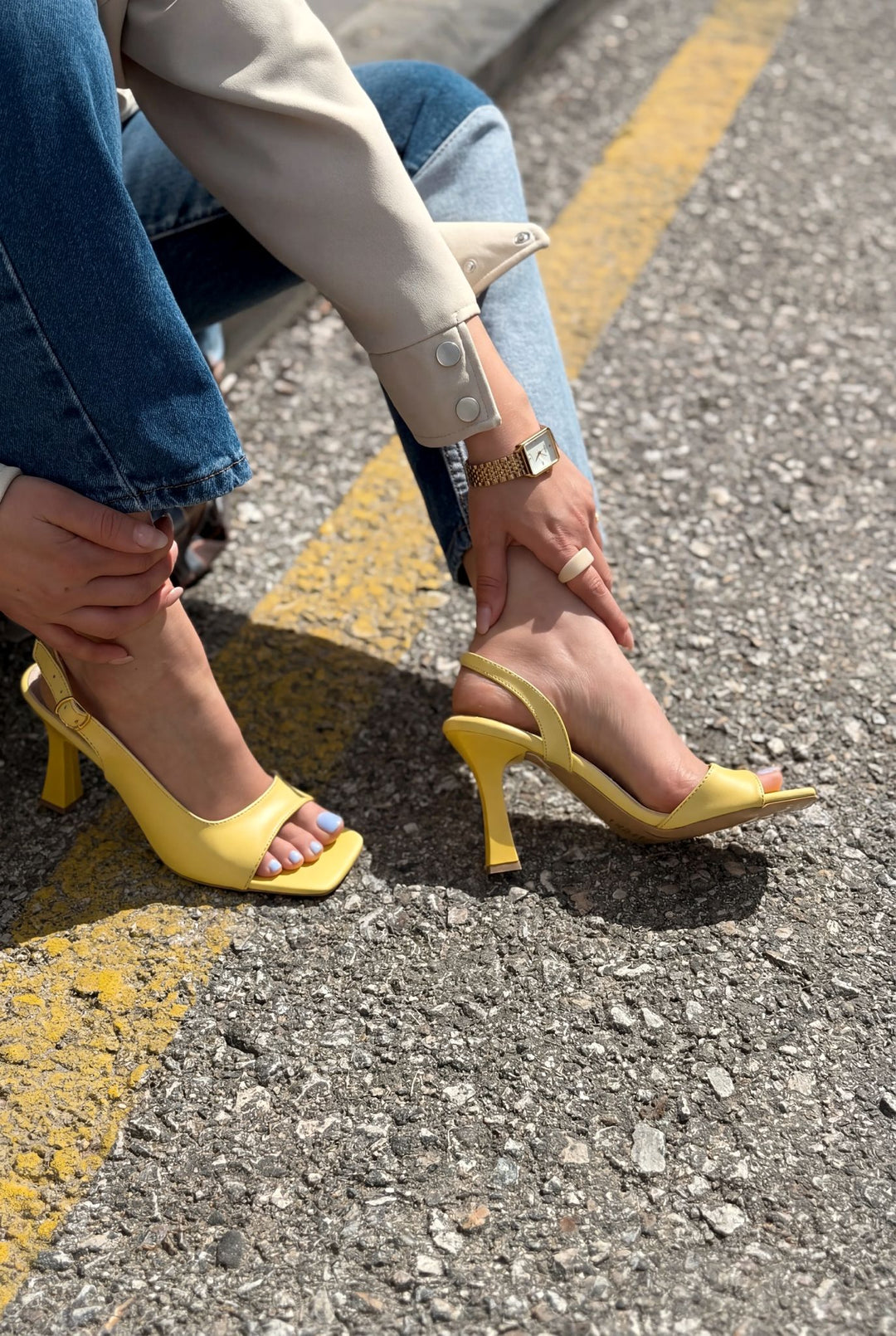 Solvion Topuklu Sandalet Sarı Mat Deri - ILOVESHOES