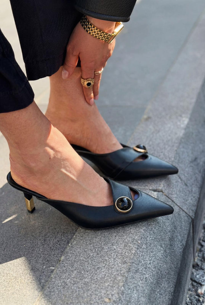 Delvor Topuklu Terlik Siyah Mat Deri - ILOVESHOES