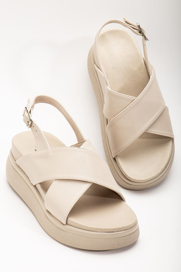 Talinea Mat Bej Çapraz Bantlı Kadın Sandalet - ILOVESHOES