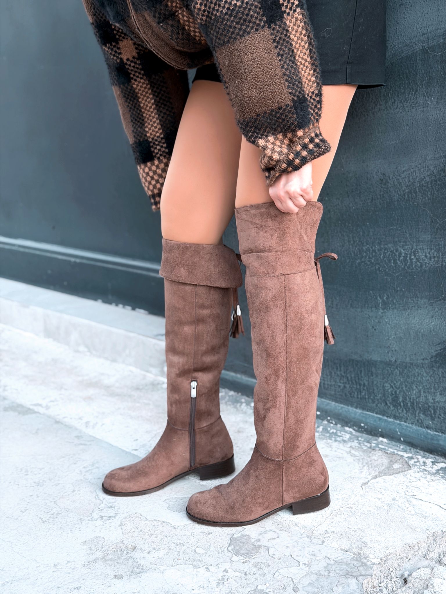 Jolvern Kadın Çizme Kahverengi Süet Püskül Detaylı - ILOVESHOES