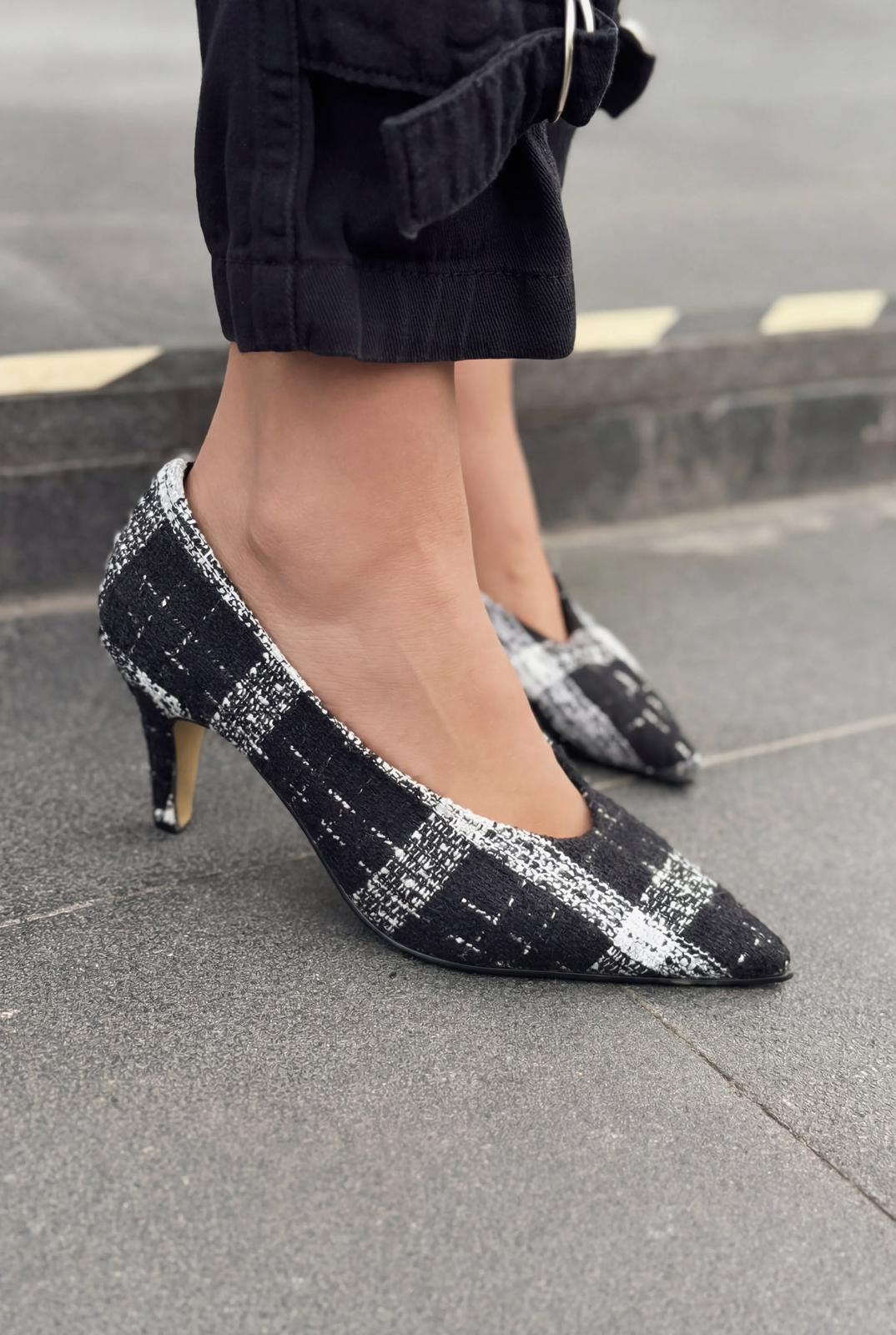 Kairo Stiletto Siyah Tüvit Kumaş Ekoseli - ILOVESHOES