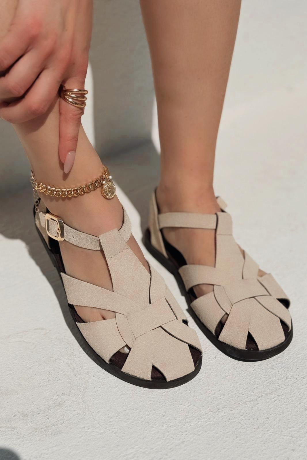 Valen Süet Bej Düz Kadın Sandalet - ILOVESHOES