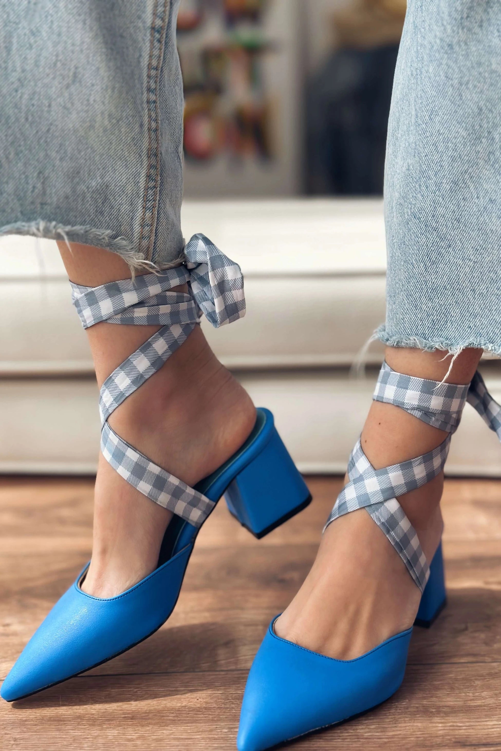 Vikons Mat Deri Ekose Detaylı Kadın Stiletto Mavi