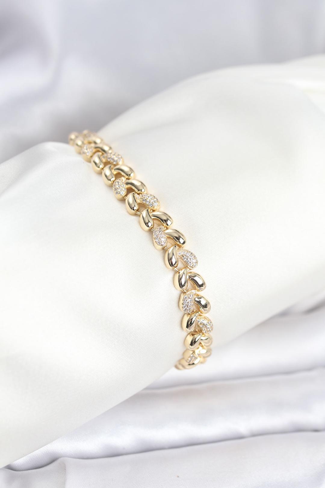 ILS - 1107 Kadın Bileklik Gold Pirinç Sarmal Damla Zirkon Taşlı - ILOVESHOES