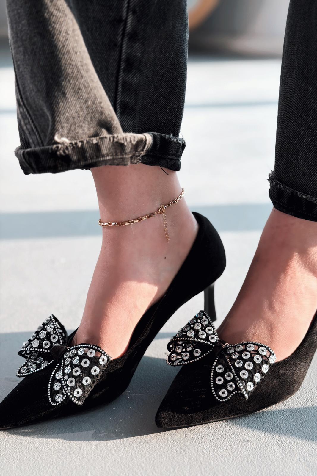 Sorexa Stiletto Siyah Süet Fiyonk Detaylı - ILOVESHOES
