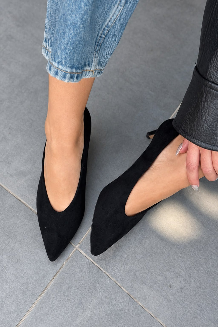 Rovya Siyah Süet Kadın Topuklu Ayakkabı - ILOVESHOES