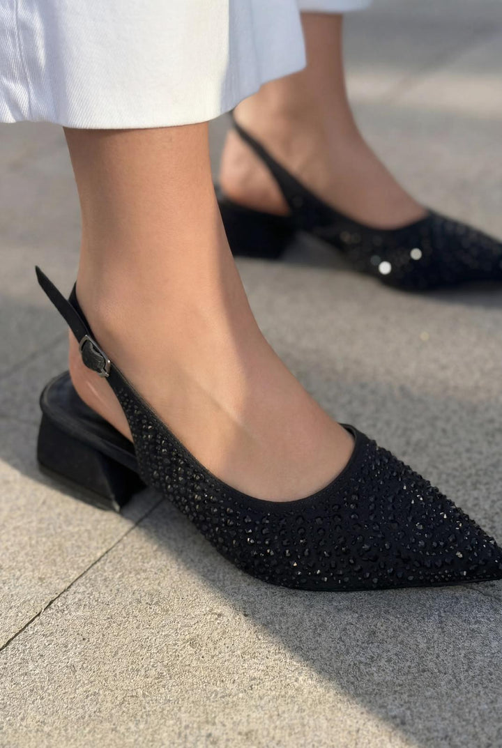 Dunes Topuklu Ayakkabı Siyah Saten Siyah Taşlı - ILOVESHOES