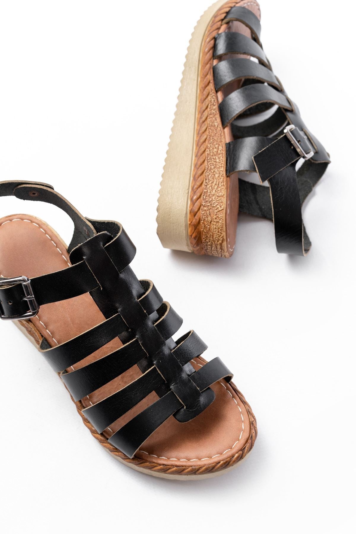 Nivano Hakiki Deri Siyah Dolgu Topuklu Sandalet - ILOVESHOES