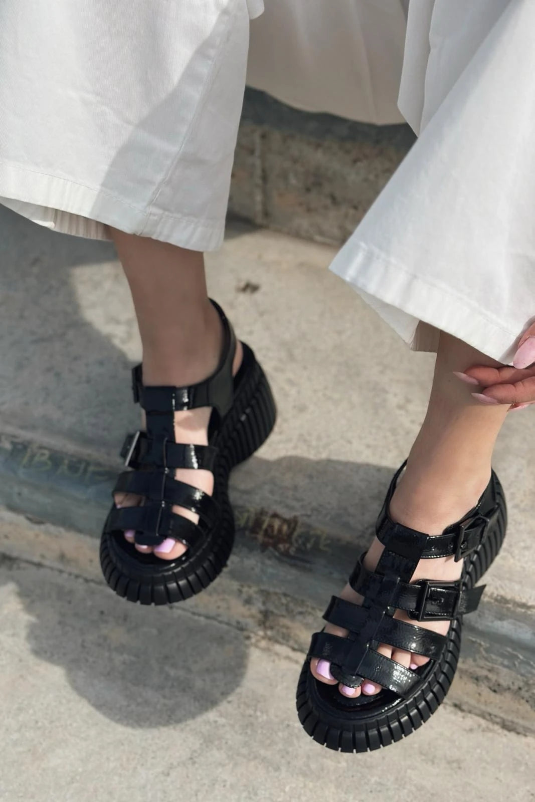 Movina Patent Leather Buckle Detailed Thick Sole Women&