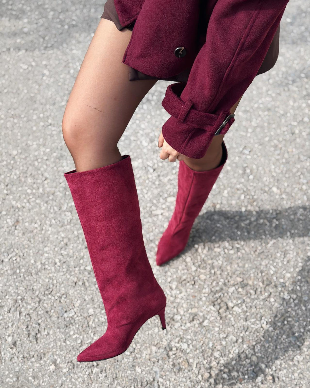 Gwen Kadın Topuklu Çizme Bordo Süet - ILOVESHOES