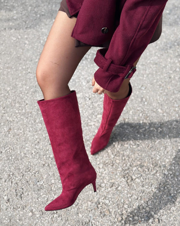Gwen Kadın Topuklu Çizme Bordo Süet - ILOVESHOES