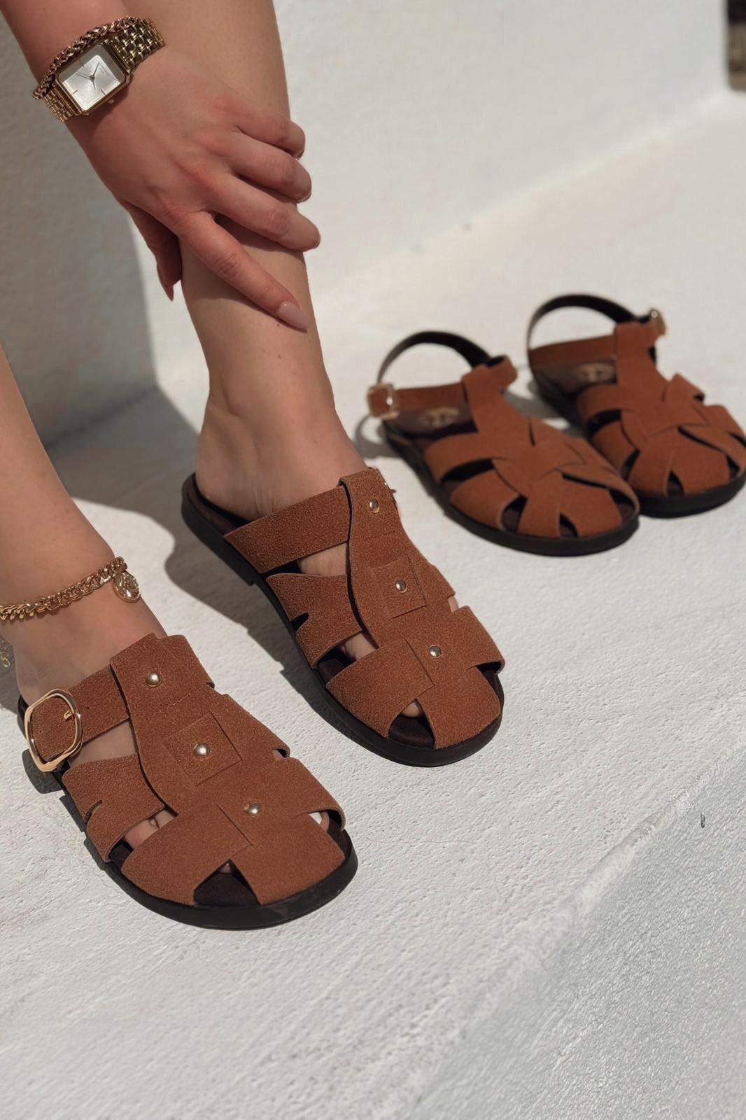 Valen Süet Taba Düz Kadın Sandalet - ILOVESHOES