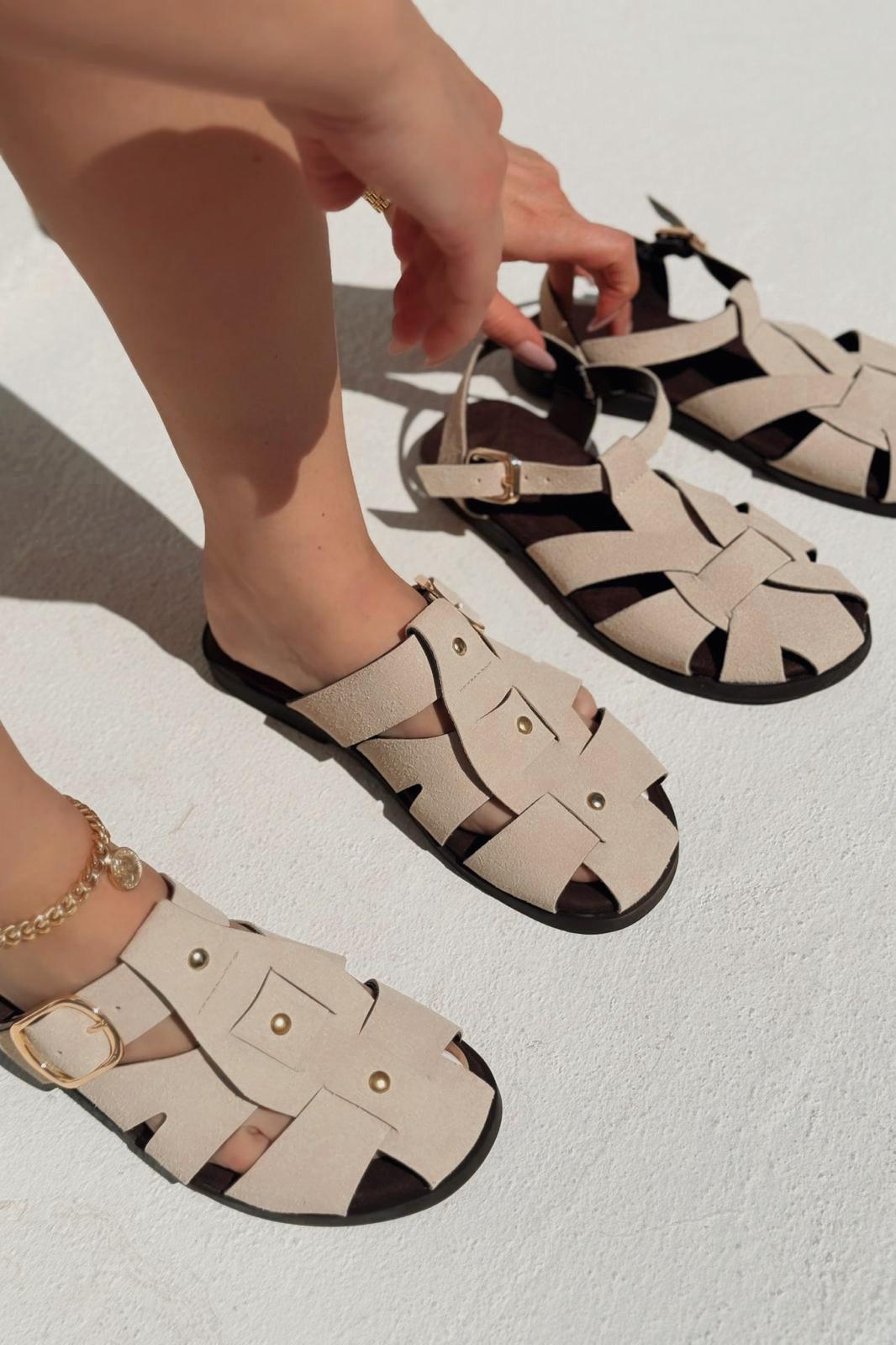 Tayra Süet Bej Düz Kadın Terlik - ILOVESHOES