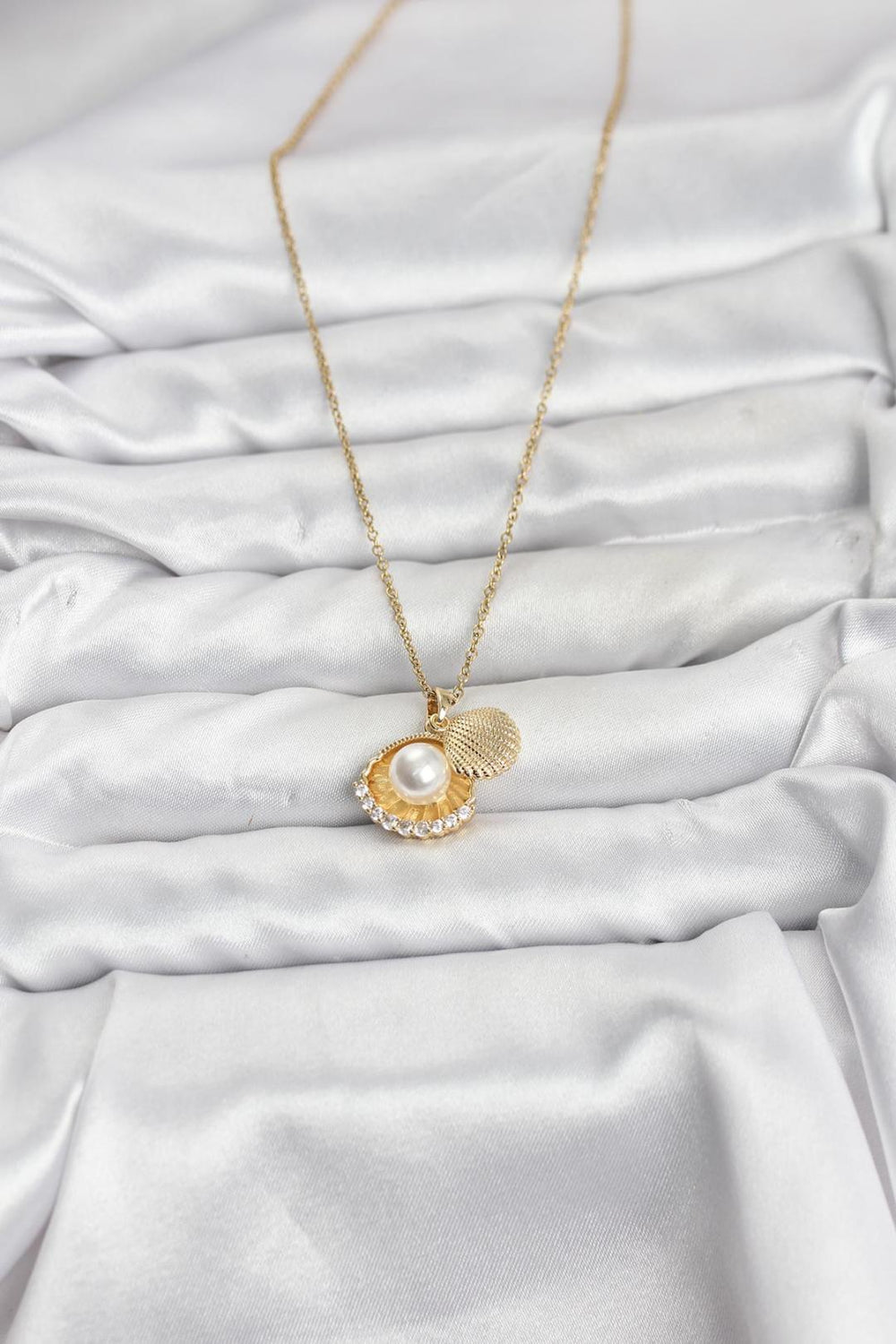 ILS - 1124 Kadın Kolye Gold Çelik İncili Zirkon Taşlı - ILOVESHOES