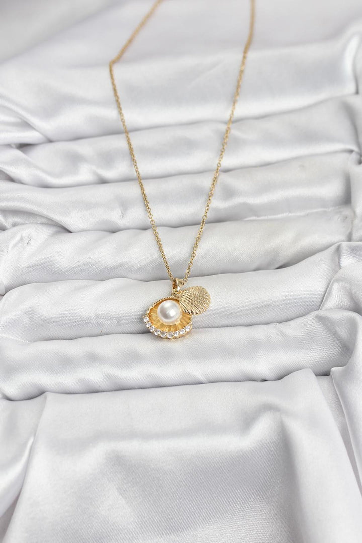 ILS - 1124 Kadın Kolye Gold Çelik İncili Zirkon Taşlı - ILOVESHOES