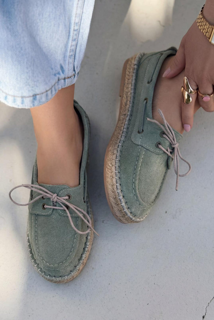 Selora Bağcıklı Espadril Yeşil Hakiki Süet - ILOVESHOES