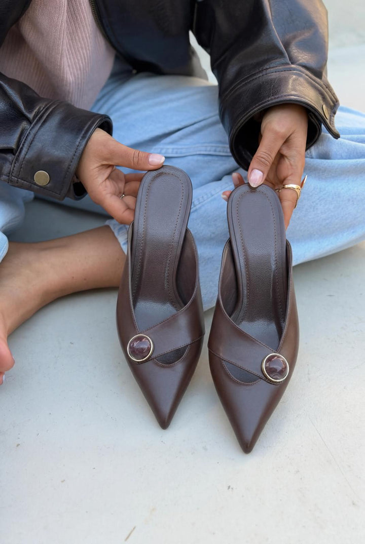 Delvor Topuklu Terlik Acıkahve Mat Deri - ILOVESHOES