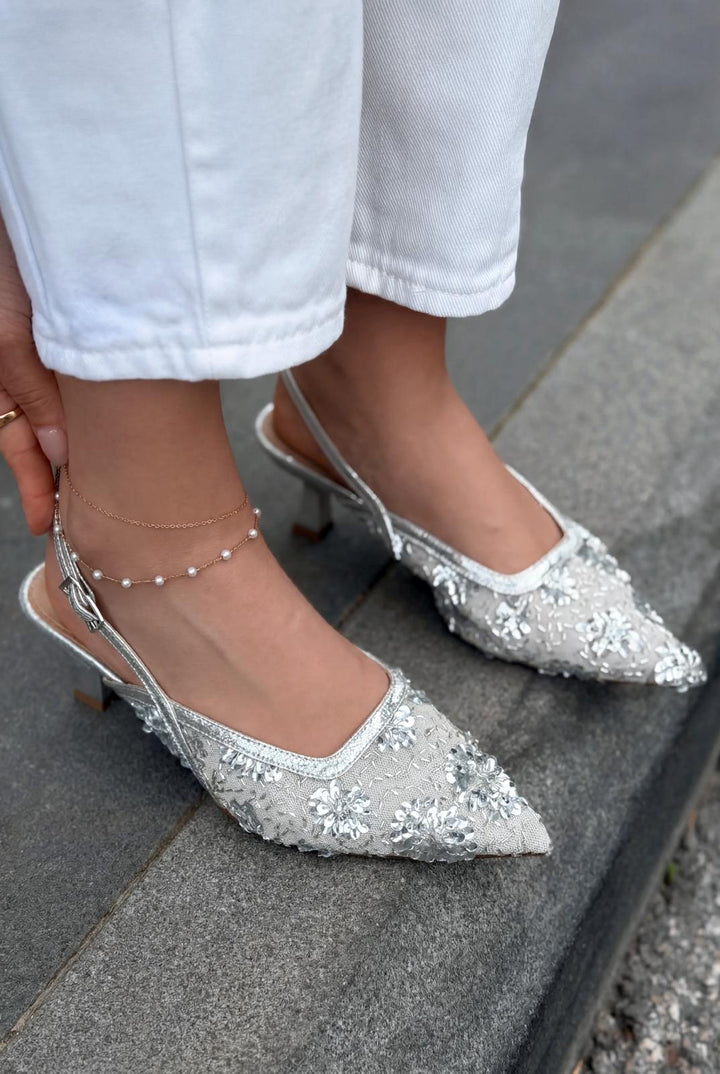 Serona Stiletto Gümüş Nakışlı - ILOVESHOES