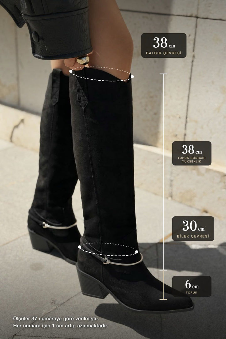 Avrila Siyah Süet Kadın Topuklu Çizme - ILOVESHOES