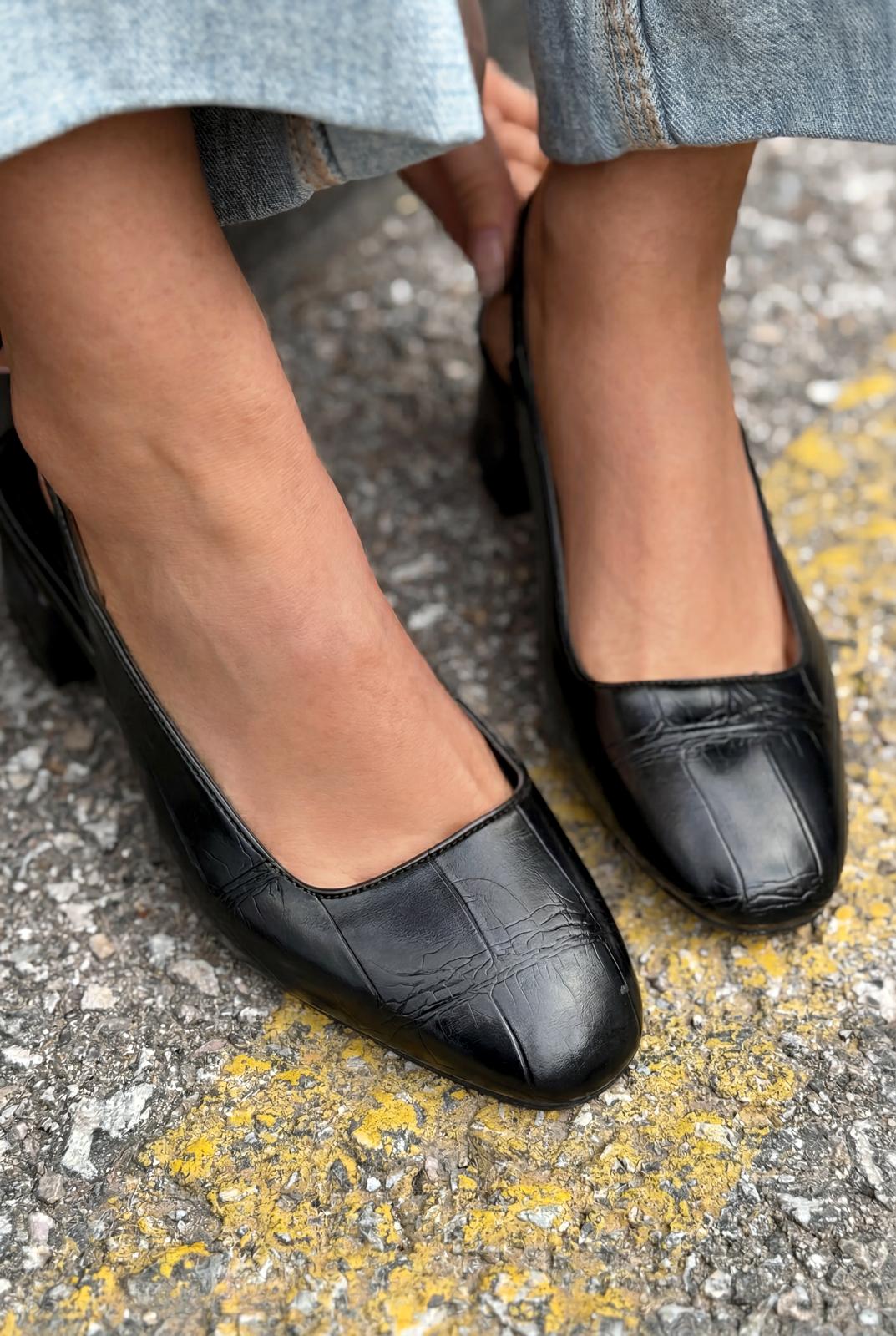 Solen Mary jane Topuklu Ayakkabı Siyah Mat Deri Desenli - ILOVESHOES