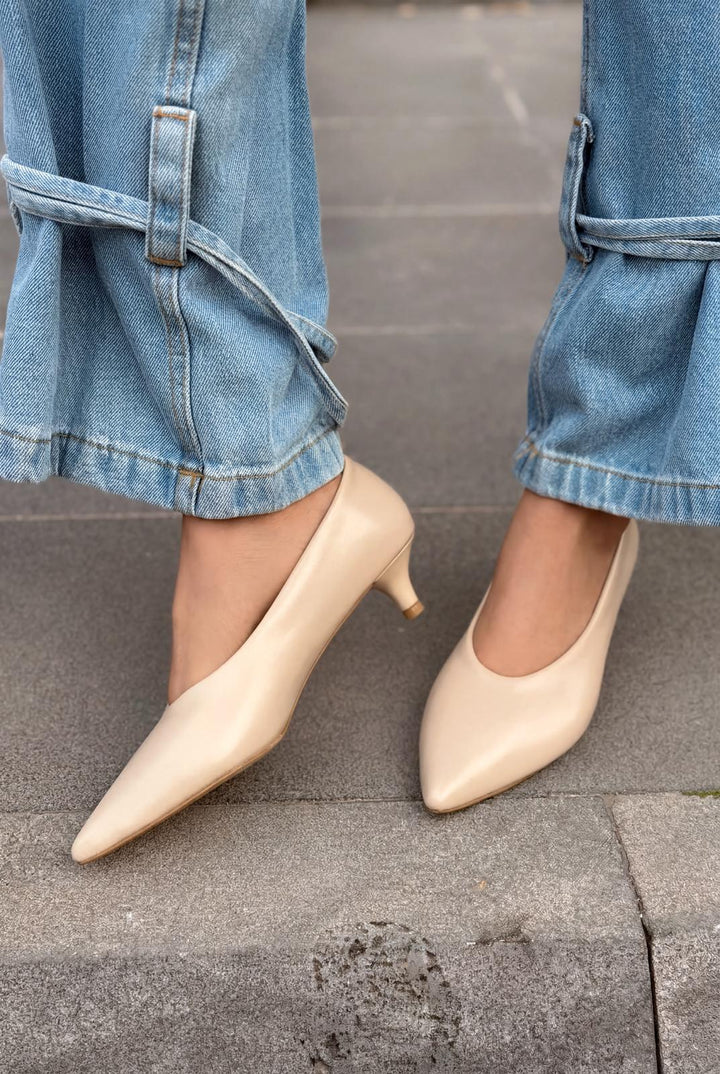 Seranis Hakiki Deri Stiletto Bej Mat Deri - ILOVESHOES