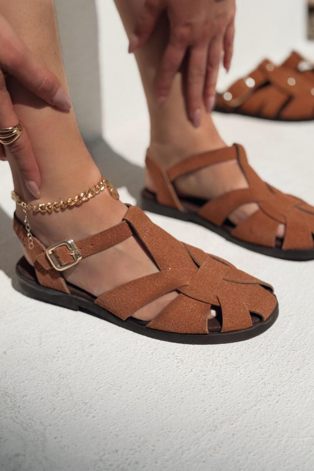 Valen Süet Taba Düz Kadın Sandalet - ILOVESHOES