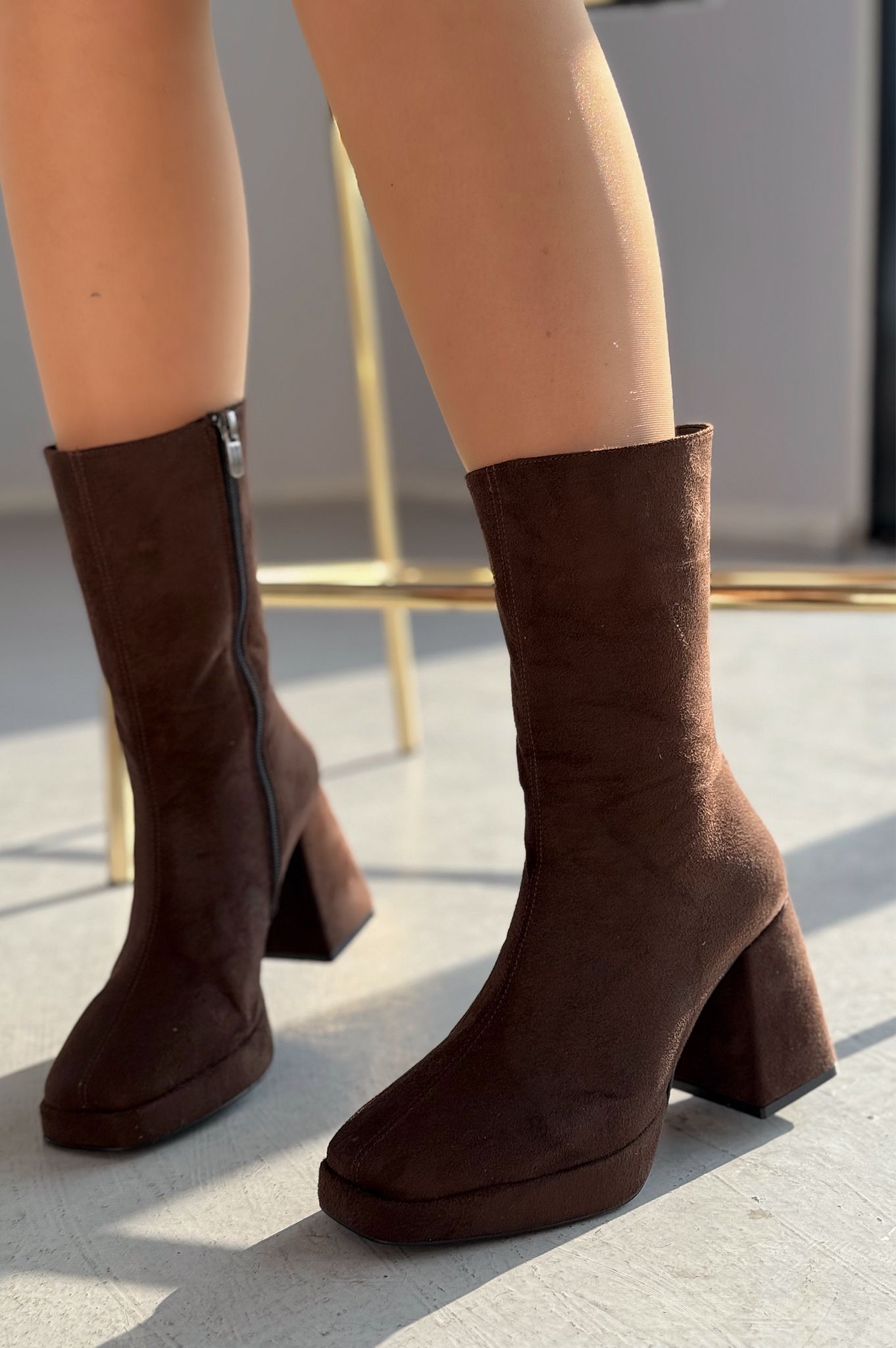 Polinca Süet Platform Topuklu Acı Kahve Kadın Bot - ILOVESHOES