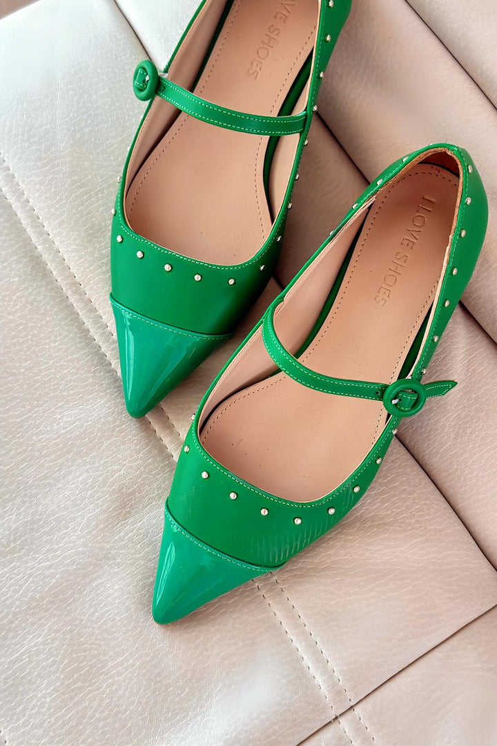 Panilo Mat Deri Zımba Detaylı Yeşil Kadın Babet - ILOVESHOES