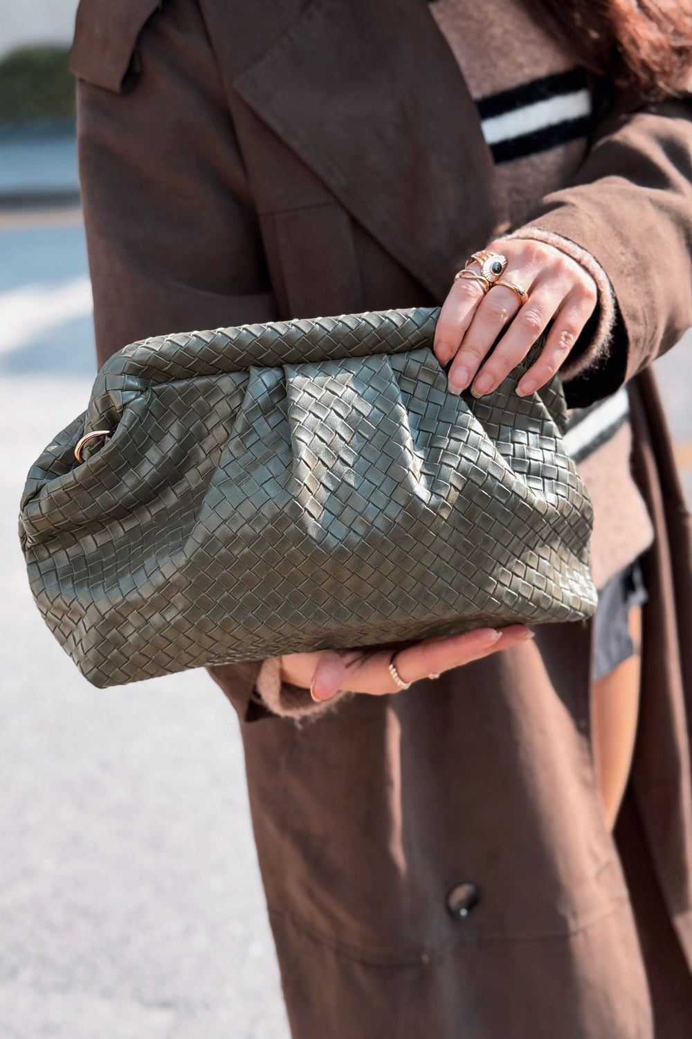 Lurine Kadın Clutch Çanta Haki Mat Deri - ILOVESHOES