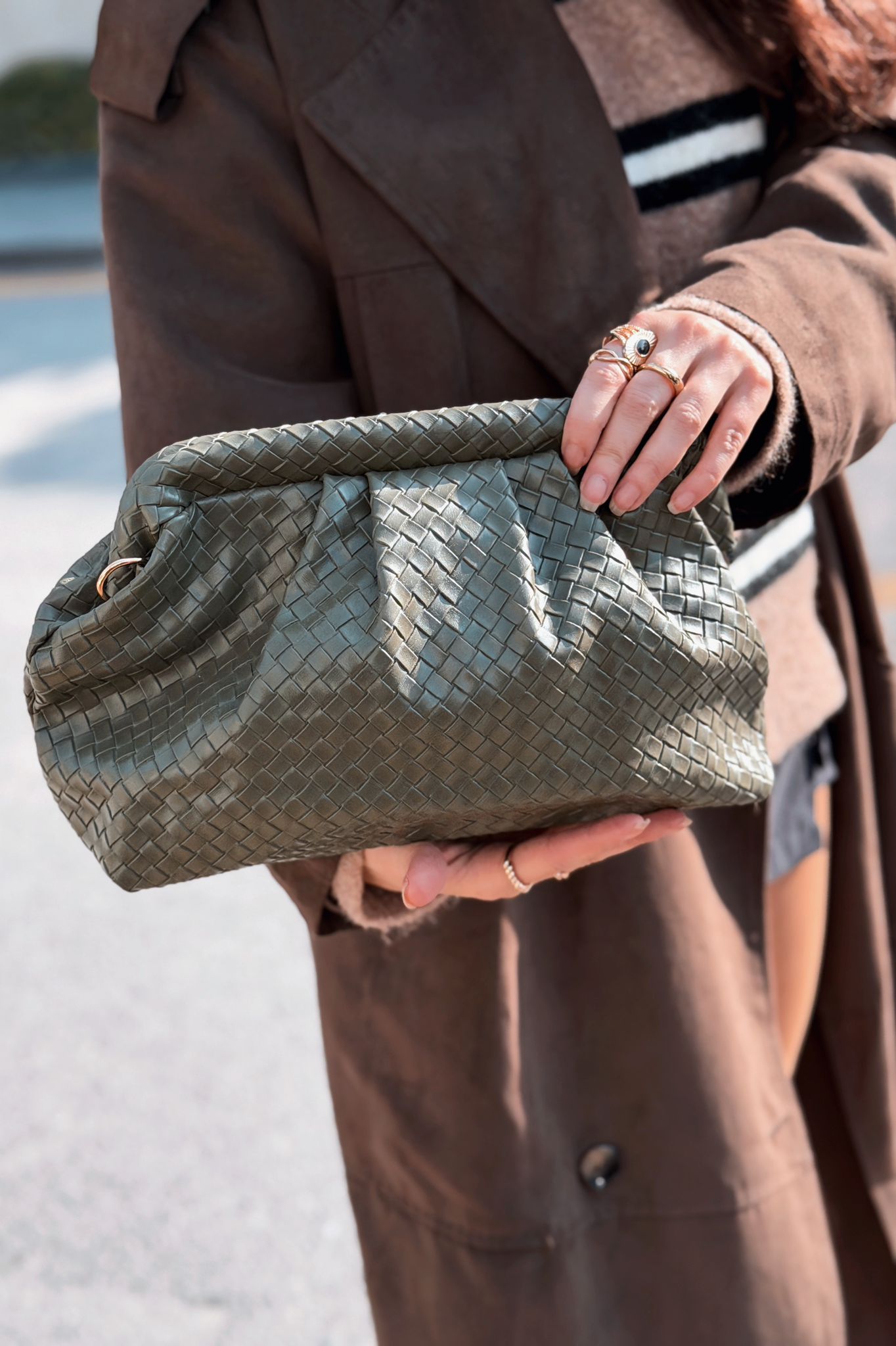 Lurine Kadın Clutch Çanta Haki Mat Deri - ILOVESHOES