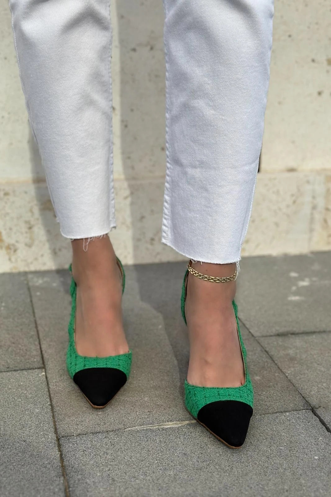 Volpina Saten Tüvit Desenli Stiletto Yeşil