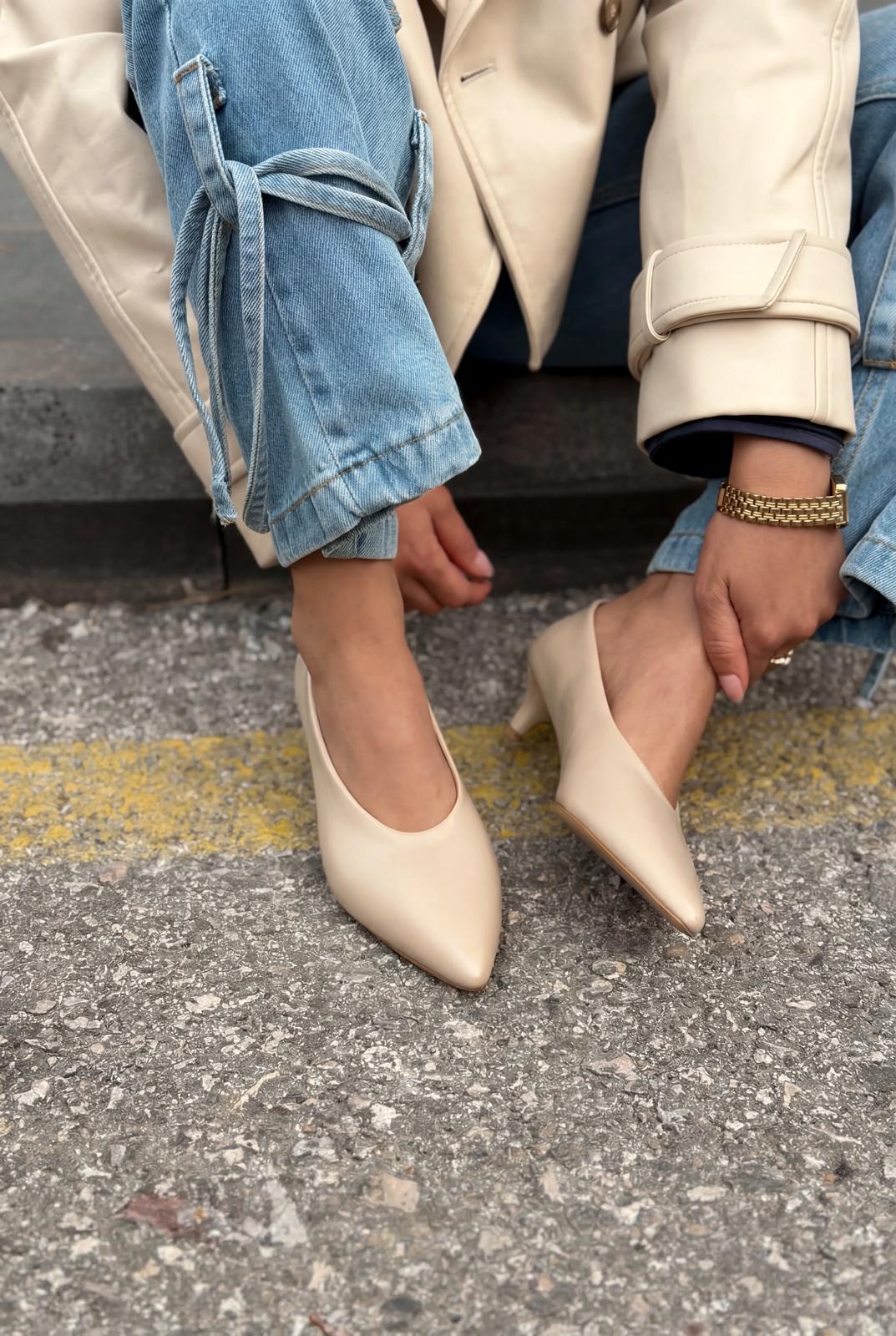 Seranis Hakiki Deri Stiletto Bej Mat Deri - ILOVESHOES