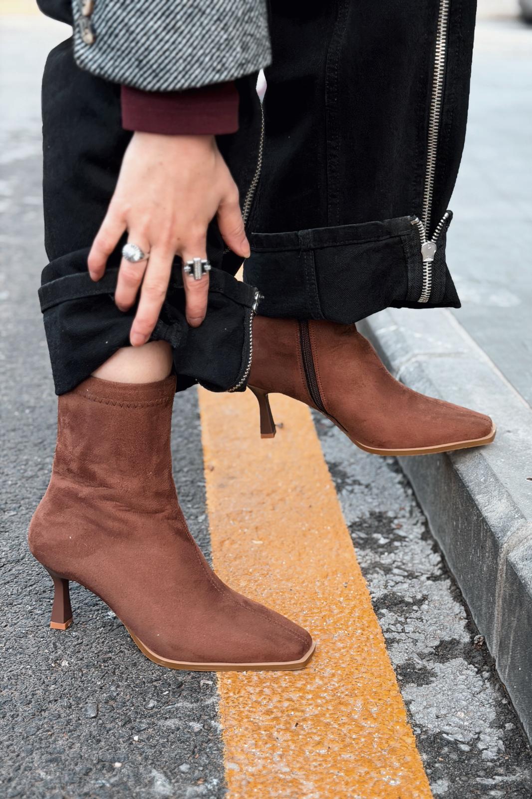 Alderie Kadın Topuklu Bot Taba Süet - ILOVESHOES