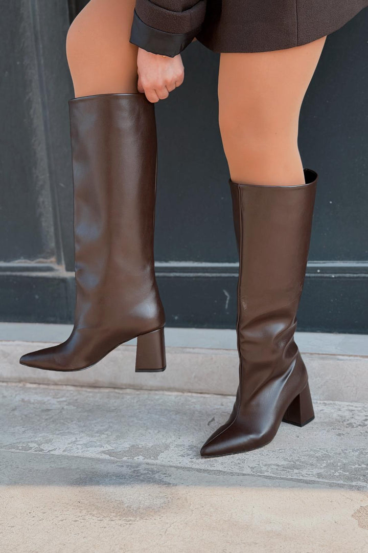 Jarlene Kadın Topuklu Çizme Acıkahve Mat Deri - ILOVESHOES