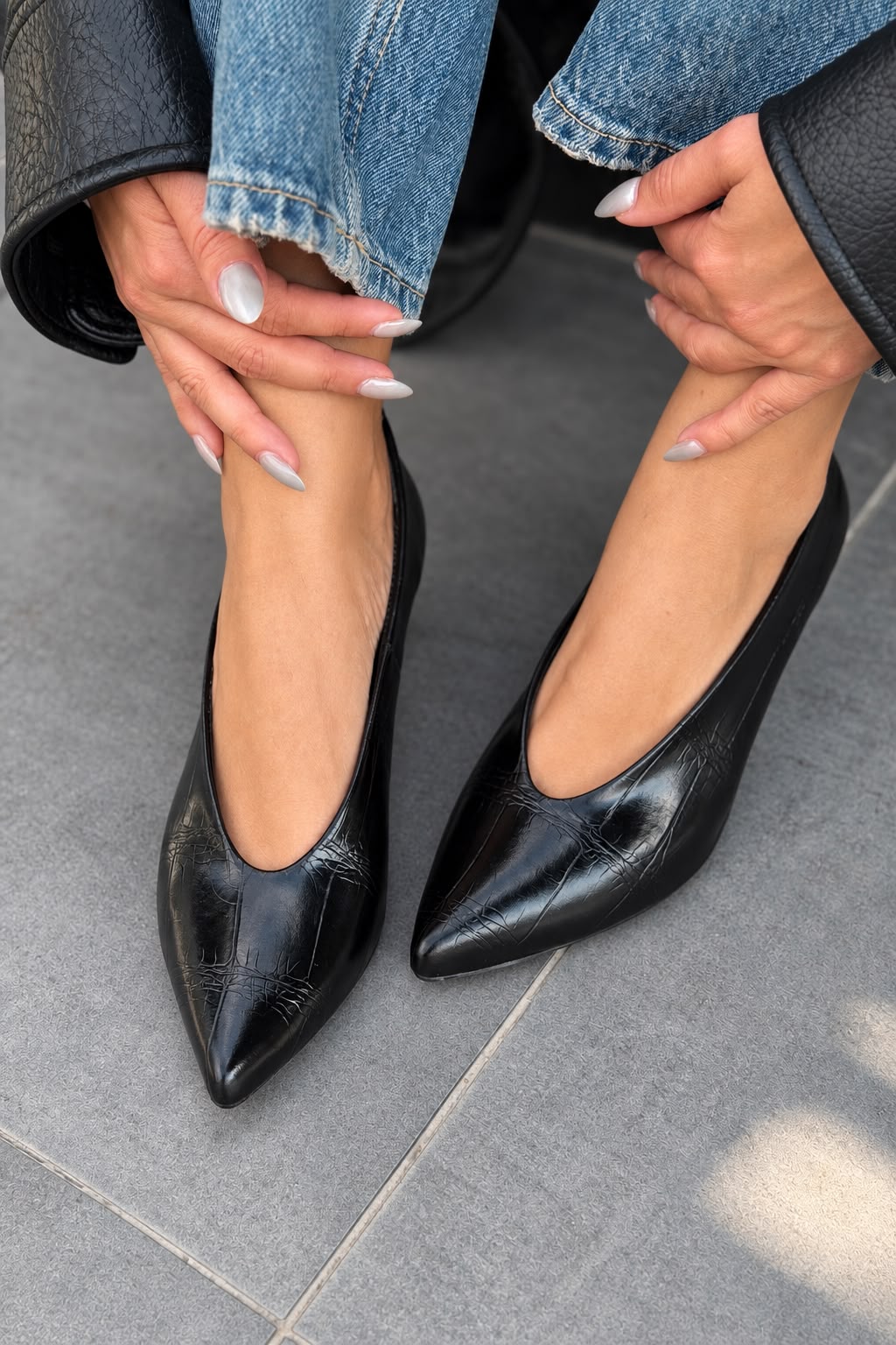 Rovya Siyah Kroko Mat Deri Kadın Topuklu Ayakkabı - ILOVESHOES