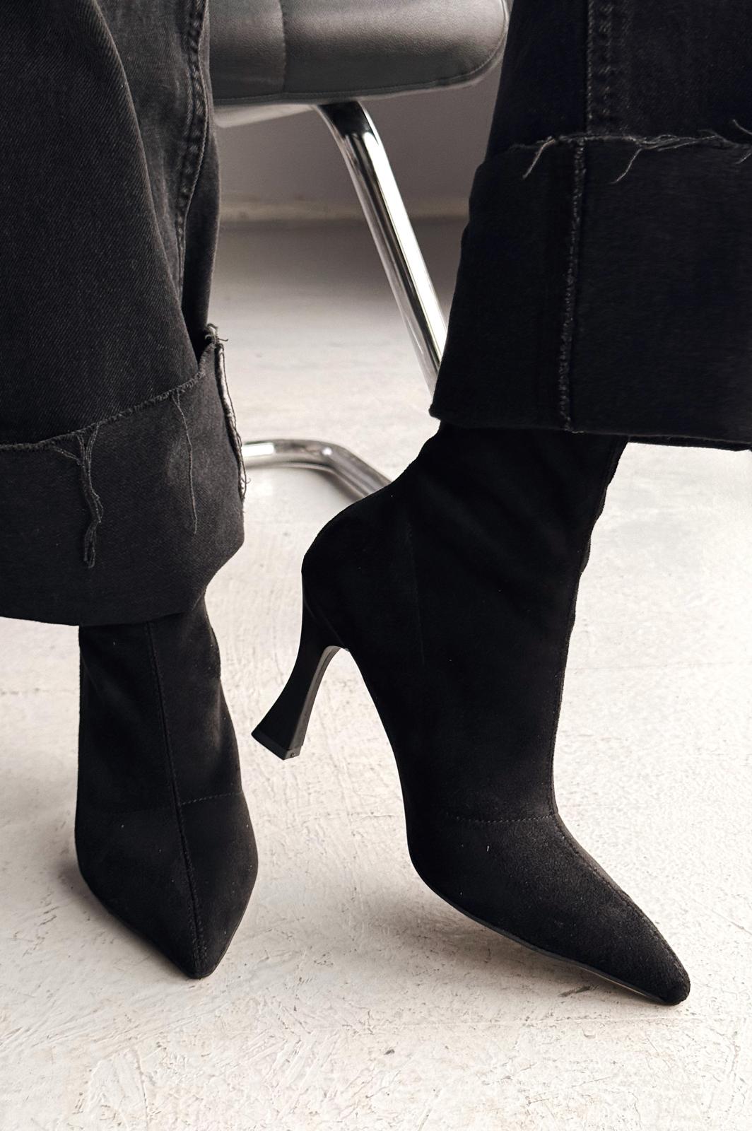 Jedaws Süet İnce Topuklu Çorap Bot Siyah - ILOVESHOES