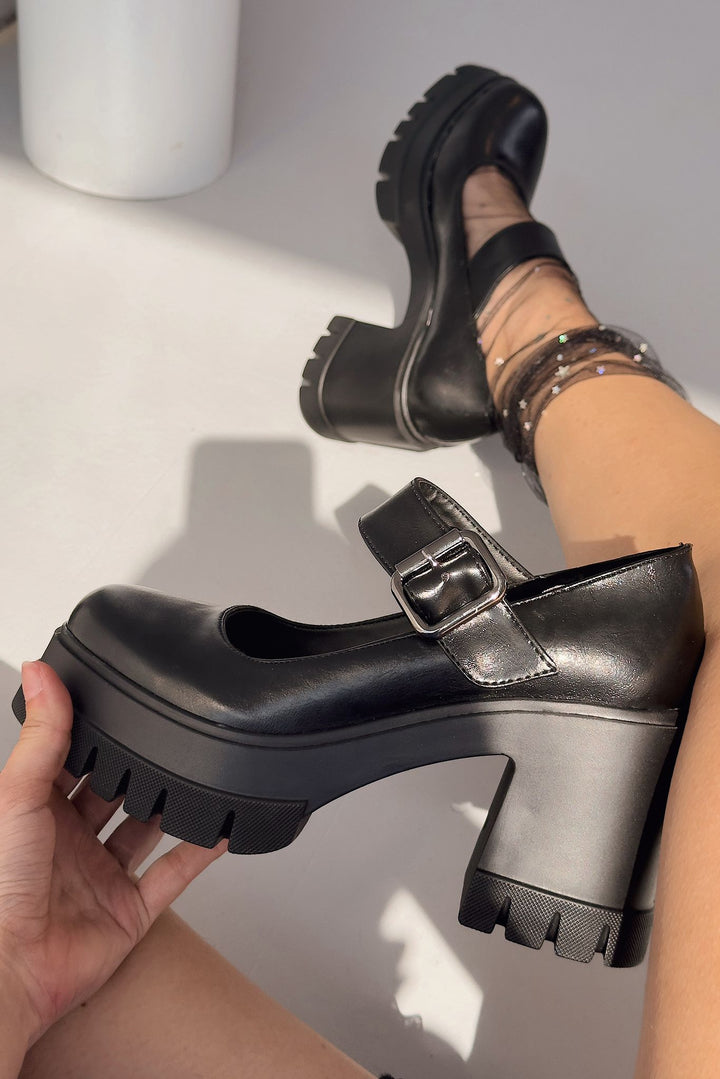 Solea Kalın Taban Topuklu Mary Jane Siyah Mat Deri - ILOVESHOES