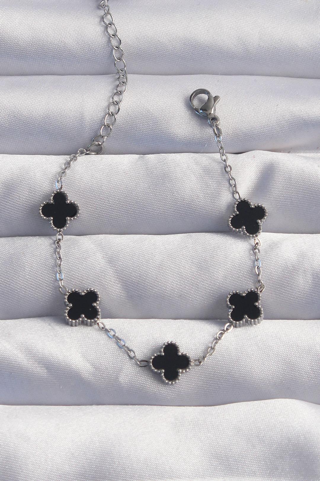 ILS - 1023 Kadın Baby Boy Bileklik Gümüş - Siyah Çelik Yoncalı - ILOVESHOES