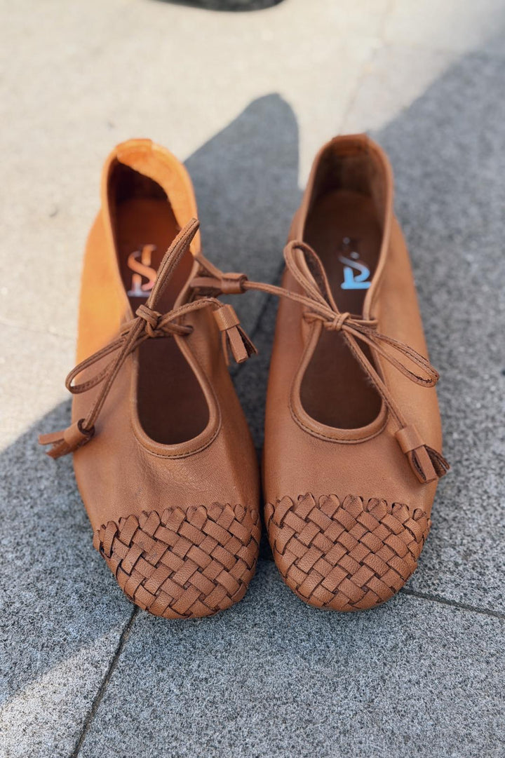 Talorin Hakiki Deri Kadın Bağcıklı Babet Taba - ILOVESHOES