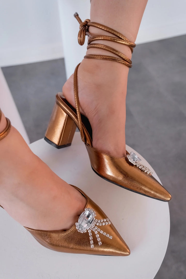 Teldina Parlak Saten Deri Yüksek Topuklu Stiletto Bronz