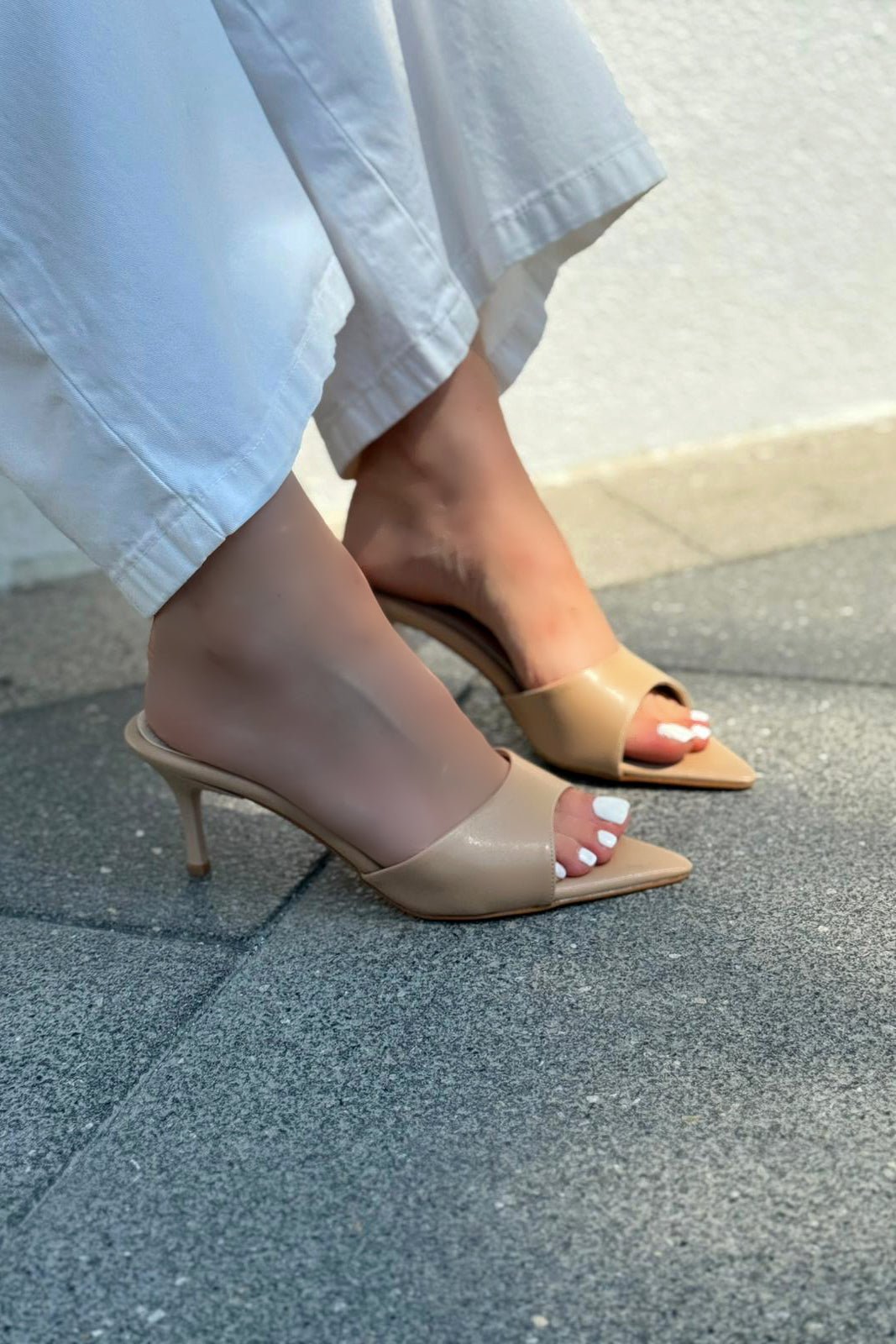 Yonspe Mat Deri İnce Topuklu Terlik Nude - ILOVESHOES