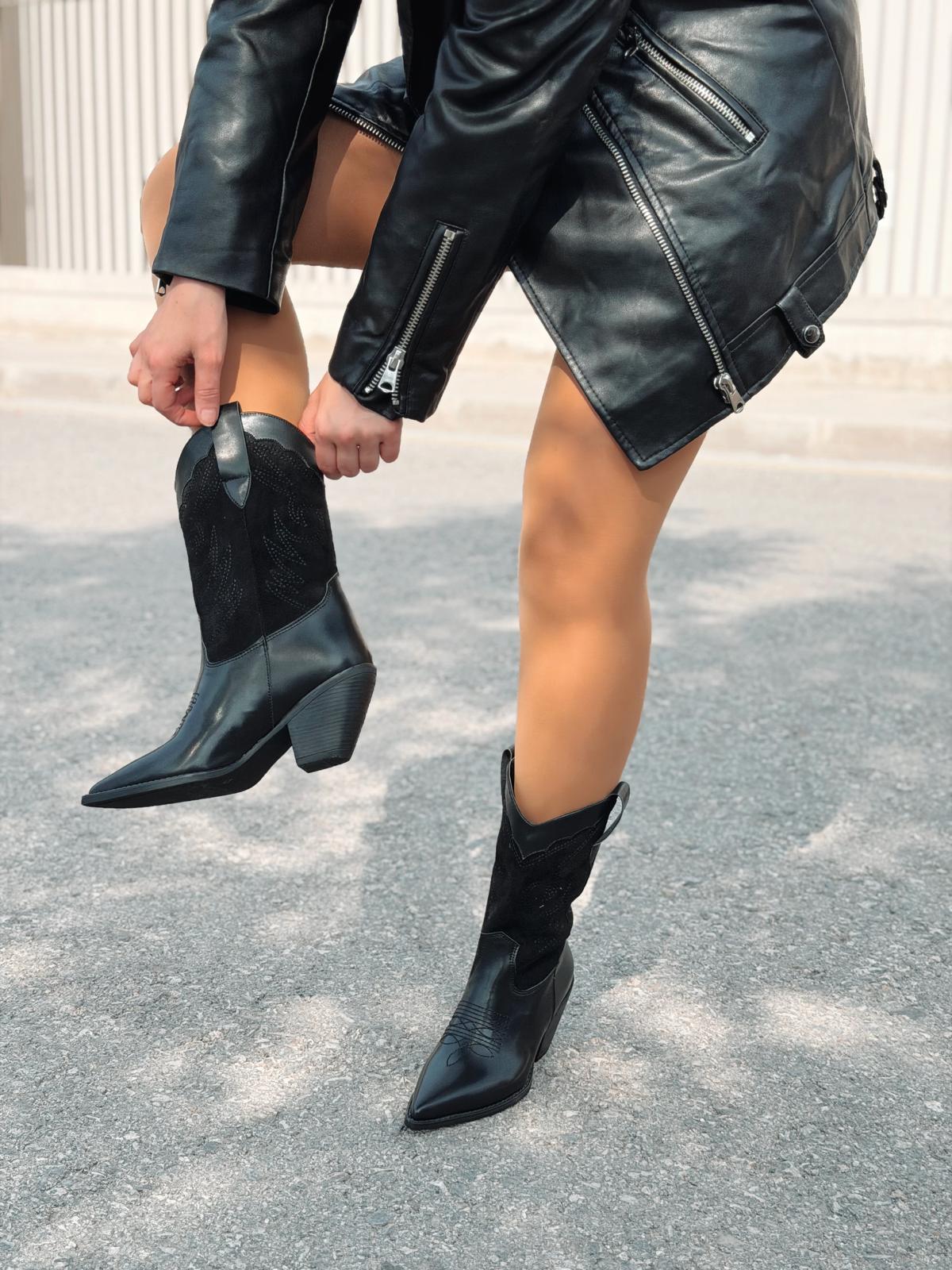 Marnel Kadın Kovboy Çizme Siyah Nakışlı - ILOVESHOES