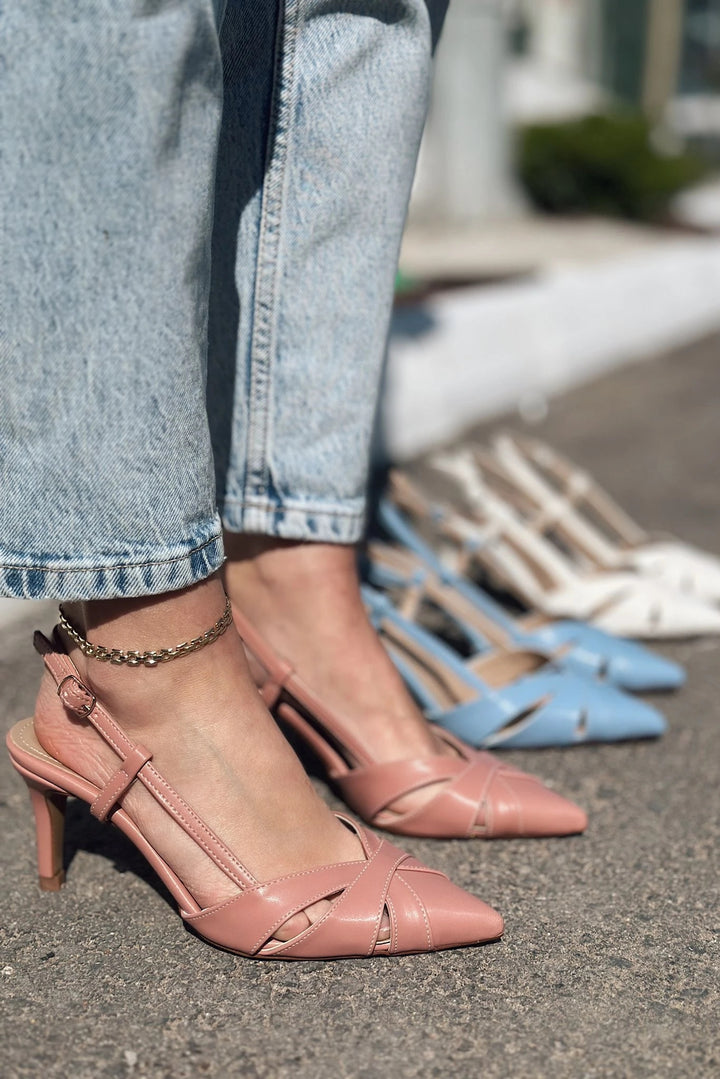 Peraps Mat Deri Yüksek Topuklu Stiletto Pudra
