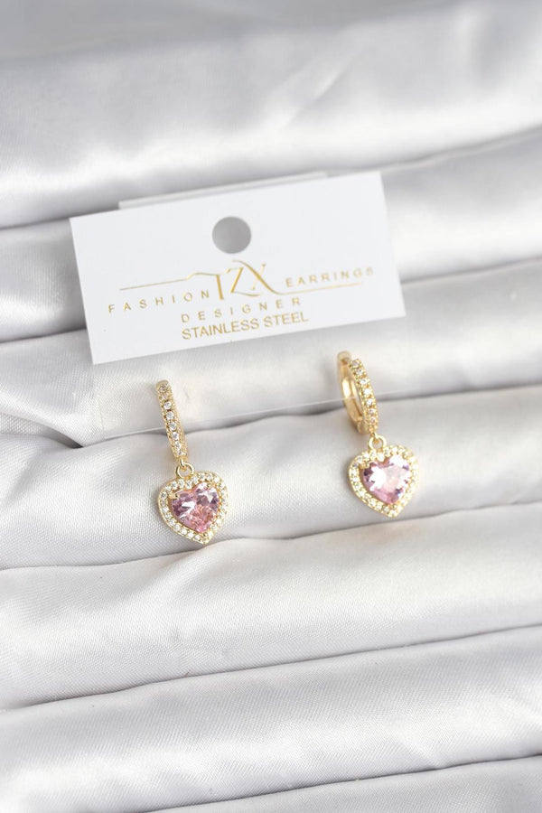 ILS - 1082 Kadın Küpe Gold Pirinç Pembe Kalp Zirkon Taşlı - ILOVESHOES